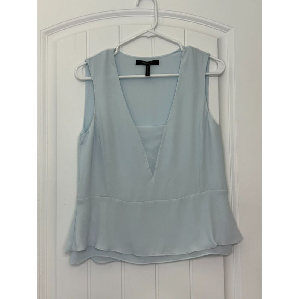 BCBG Max Azria Pastel Blue Peplum V-Neck Blouse Minimalist Size XS